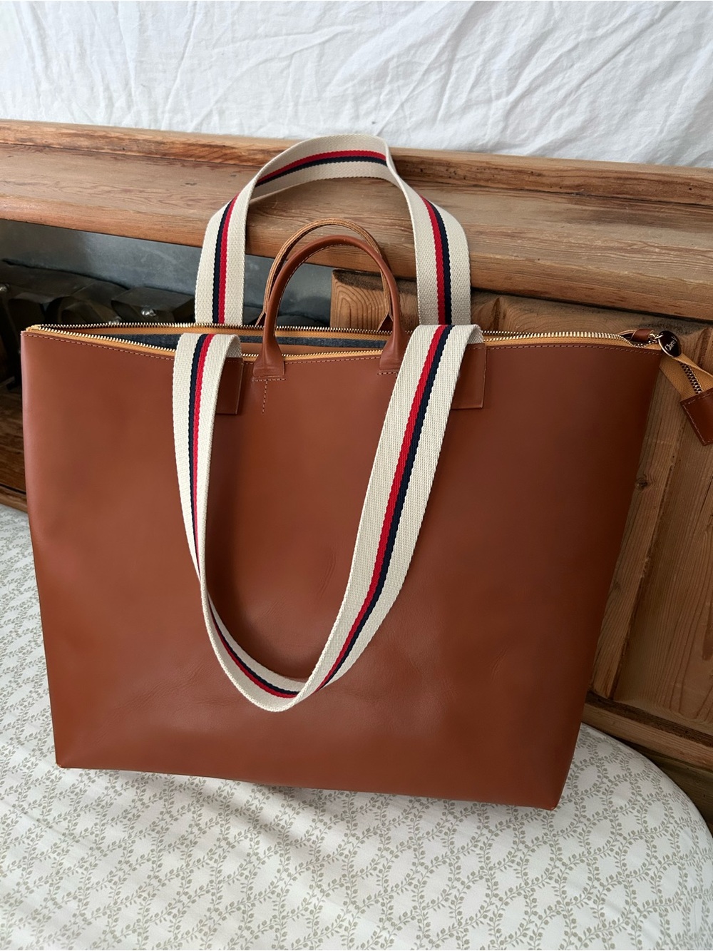 Classic Brown Leather Tote with Striped Webbing Strap